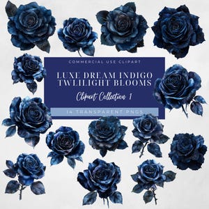Indigo Sapphire Rose Clipart: Holographic Twilight Blooms (14 PNGs for Canva, Commercial Use)