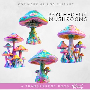 Psychedelic Mushroom Clipart, Magic Mushroom PNG, Colorful Trippy Art, Digital Download for Sublimation, 4 PNG Clipart, Psychedelic Clipart