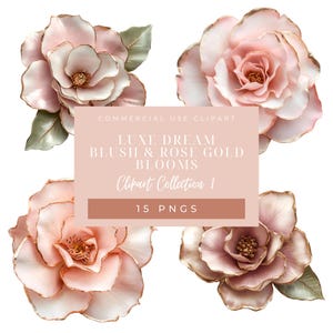 Luxe Dream Blush & Rose Gold Blooms, Flores PNG elegantes, Clip Art floral transparente, Flores rosa suaves, Casamento 15 PNG TRANSPARENTE