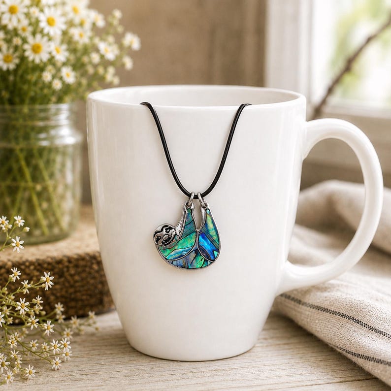 Abalone sloth necklace displayed on a white ceramic mug with a black cord necklace, featuring an iridescent blue and green paua shell sloth pendant with daisy floral décor.