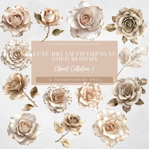 Champagne Gold Rose Clip Art PNG, folie bloemenafbeeldingen voor elegante huwelijksuitnodigingen, scrapbooking, kaarten maken en brandingprojecten