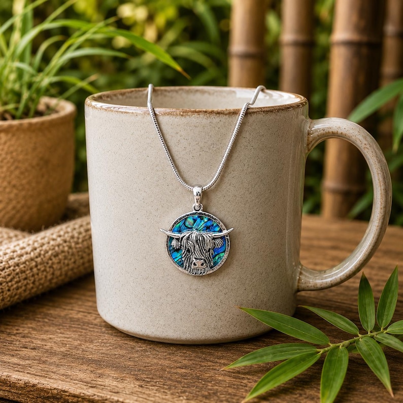 Highland cow abalone shell necklace displayed on a ceramic mug, featuring a silver-tone cow pendant with vibrant paua shell detail on a silver snake chain.