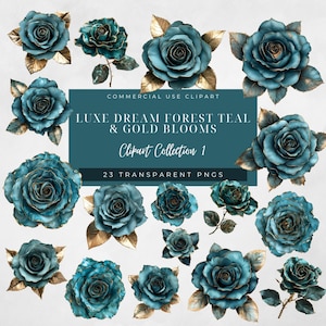 Wald Teal & Goldfolie Rose Clip Art, 23 Transparente PNGs, Elegante Grüne Blumengrafik, Hochzeit Digitale Blumen, Journals Planer Design