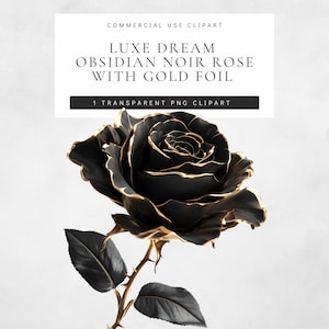 Obsidian Noir Black Rose Stem with Gold Foil, 1 Transparent PNG Clipart, Gothic Dark Floral, for Digital Design, Commercial Use Clip Art