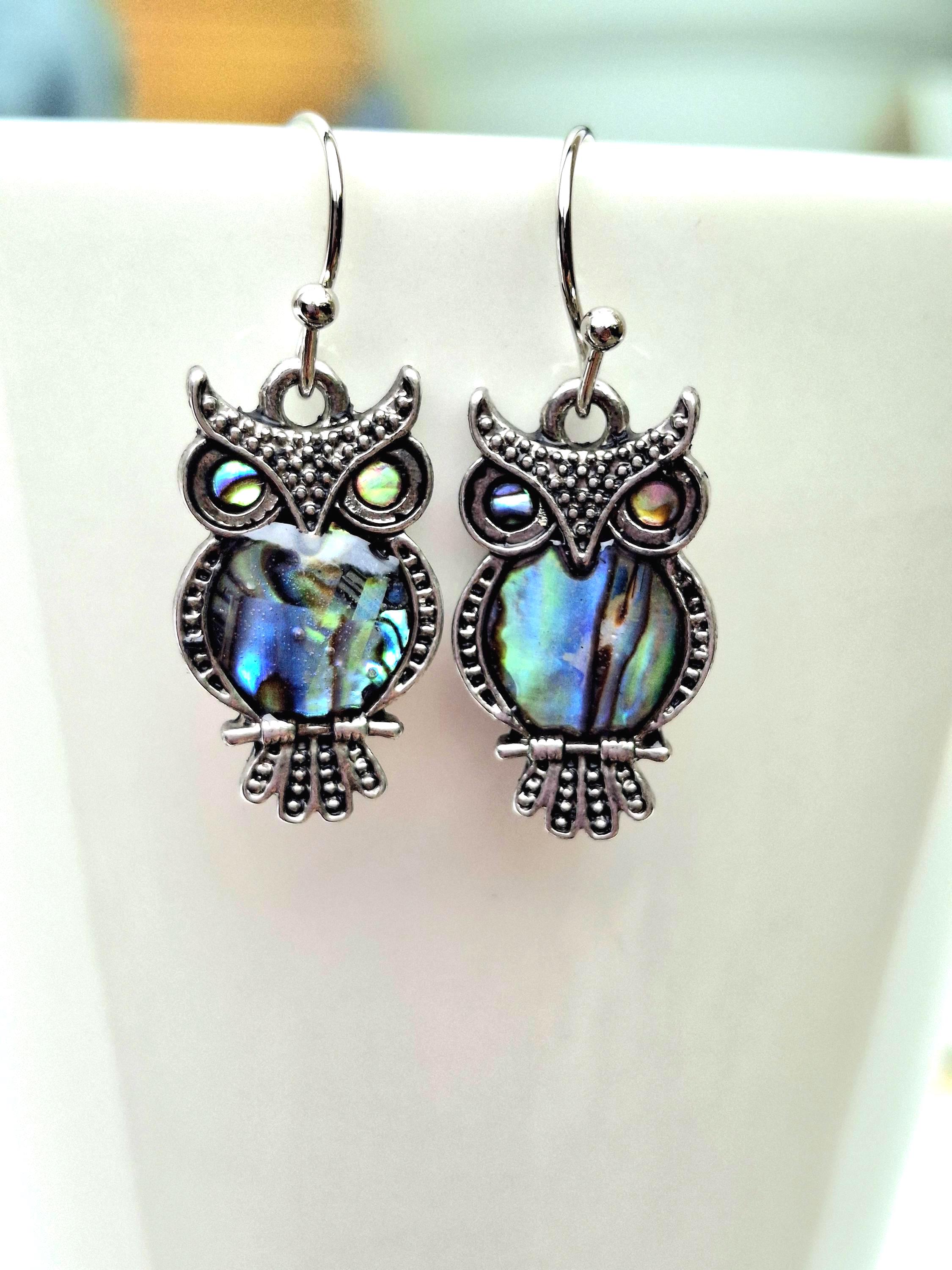 Abalone Owl Earrings, Bird Jewellery, Owl Lover Gift, Gift For Her Mom, Silver plated, Sterling Silv