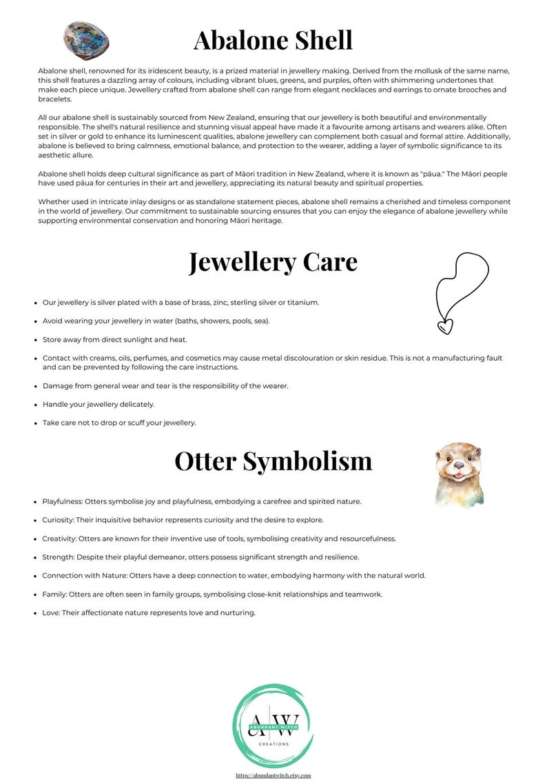 Puede incluir: Gr&aacute;fico informativo sobre joyas de concha de abul&oacute;n, su cuidado y el simbolismo de la nutria. El texto describe los colores iridiscentes de la concha, su significado cultural y el abastecimiento sostenible. Incluye una peque&ntilde;a ilustraci&oacute;n de una nutria.