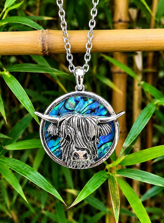 Highland Cow Abalone Necklace, Scottish Cow Pendant, Paua Shell Jewellery