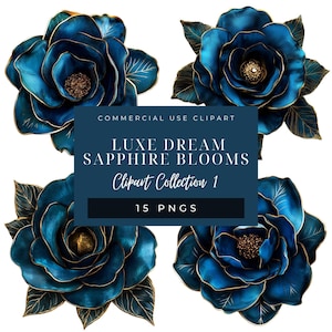 Clip Art de Safira e Rosa Dourada, PNGs de Flores em Azul Escuro e Dourado, Flores Flat-Lay Elegantes para Branding e Design 15 PNG Transparentes, Comercial