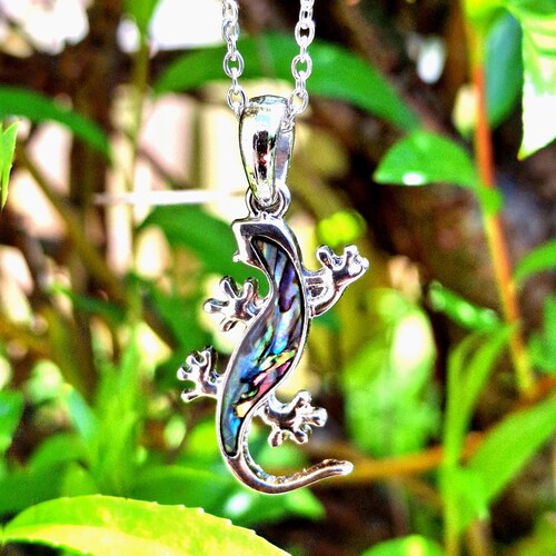 Abalone Gecko Necklace: Rhodium Reptile Pendant Jewelry, Steel Silver Plated or Cord Chain - NEW STYLE