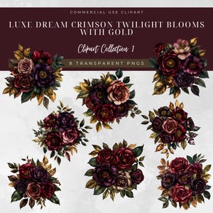 Luxe Dream – Fleurs crépusculaires cramoisies avec or | 8 PNG transparents | Images clipart automne pour faire-part, image de marque de mariage et papeterie élégante
