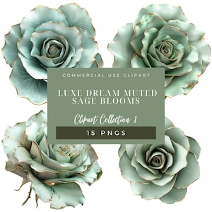 Fleurs de sauge en sourdine – 15 PNG TRANSPARENTS, Clipart rose vert tendre, fleurs botaniques en feuille d'or pour les journaux de planification de conception de papeterie de mariage