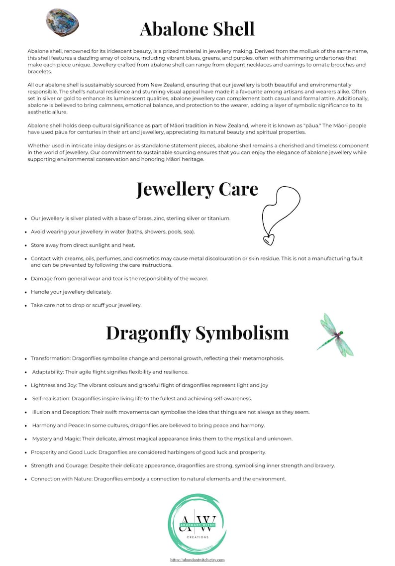 Puede incluir: Gr&aacute;fico informativo sobre joyas de concha de abul&oacute;n, su cuidado y el simbolismo de la lib&eacute;lula. El texto describe los colores iridiscentes de la concha, su significado cultural y el significado de las lib&eacute;lulas. Incluye un logotipo y un sitio web.