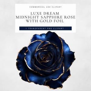 Rosa azul safira meia-noite com bordas douradas, clipart floral glamoroso em formato flat, 1 PNG transparente para design de papelaria para casamento