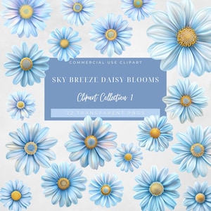 Sky Breeze Daisy Blooms – 22 Transparente PNG Daisy Clip Art, Soft Baby Blue Floral Digital Download, Pastel Sublimation Wedding Design