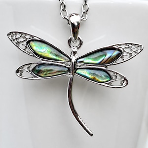 Abalone shell dragonfly necklace displayed on a white mug, highlighting the iridescent blue and green shell wings.