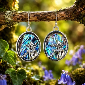 Abalone Shell Cornish Pixie Earrings: Whimsical Rhodium Jewelry, Sterling Silver or Titanium Upgrade