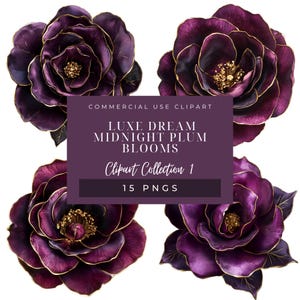 Flores de ameixa e flores douradas da meia-noite, clipart de rosas glamorosas roxas e douradas, florais digitais, clipart de flores boho elegantes, 15 PNG transparentes