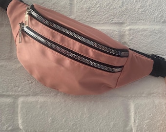 PINK BUMBAG, two compartments with silver zips