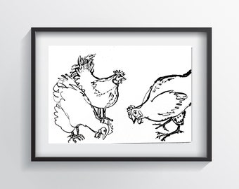 Chickens (Giclee Print) Minimalist Art, Contemporary Wall Art Poster Size Print, New Home Gift, Fine Art Modern Print