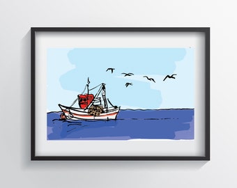 Fishing Boat (Giclee Print) Minimalist Art, Contemporary Wall Art Poster Size Print, New Home Gift, Fine Art Modern Print