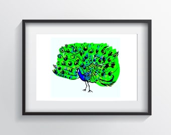 Patrick The Peacock Colour (Giclee Print) Minimalist Art, Contemporary Wall Art Poster Size Print, New Home Gift, Fine Art Modern Print