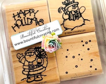 Happy Holidays Vintage Retired Stampin Up Wood Mounted Rubber Stamp Set, Snowman Santa Snowflakes Dots Stamping Scrapbook Journal Craft Art