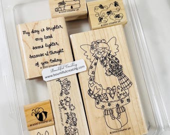 Vintage Retired Stampin Up Wood Mounted Rubber Stamp Set - Brighter Days - New in Package, Angel Doll Bees Hive Hat Flowers, Stamping Stamp