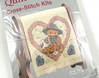 Vintage Teddy Bear Cross Stitch Kit with Quilt Rack for Display New in Package, Embroidery Set Craft Art Supplies, Country Classic Decor