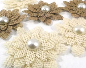 Rustic Burlap Flowers with Pearls, Brown Cream Ivory, fabric flowers crafts scrapbooking supplies floral embellishments card making wedding