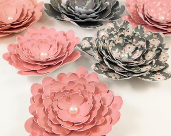 4.75" Large Handmade Paper Flowers White Pink Gray Grey Light Mint embellishments scrapbooking craft floral wedding wall home decor party