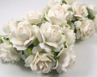 1 inch Scrapbooking Paper Flowers Wild Roses with stems supply Floral Soft White supplies scrapbooking supplies wedding roses mulberry paper