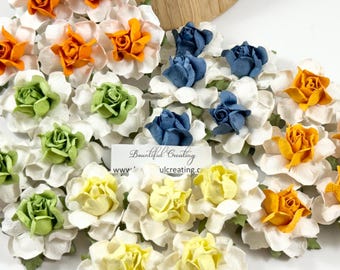 Paper Flower Set New in Package, wire stem flowers, white with colored centers, roses, yellow, navy blue, orange, green,