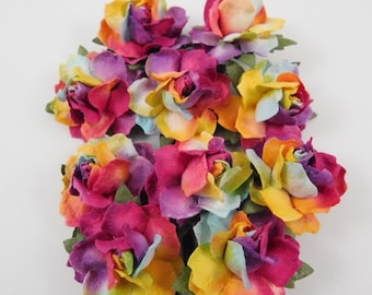 1 1/8 inch Scrapbooking Paper Flowers May Roses with stems Candy Rainbow scrapbook supplies mulberry paper card supplies paper roses