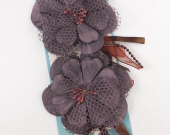 Tecido em camadas e flores transparentes, flores artificiais marrons para scrapbook, enfeite floral, várias camadas, Jolees Boutique, fitas e miçangas 3D.