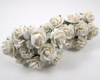 5/8 inch Scrapbooking Paper Flowers Roses with stems White scrapbook supplies mulberry paper card supplies paper roses mini tiny