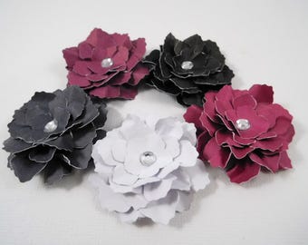 Handmade Paper Flowers Sweet Shabby Wild Roses Craft Supply Paper Floral Embellishments 3D Pretty set of 5 Scrapbooking Black Burgundy White