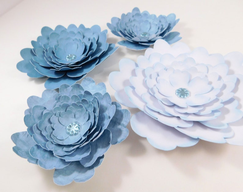Large Handmade Paper Flowers White Weathered Muted Blue embellishments scrapbooking crafting crafts floral wedding wall home decor