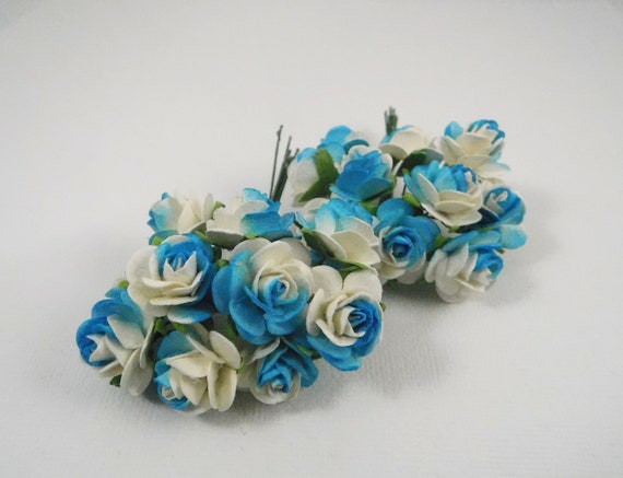 3/4 Inch Scrapbooking Paper Flowers Roses With Stems Turquoise Blue and  White Craft Supplies Scrapbook Supplies Mulberry Paper Card Supplies 