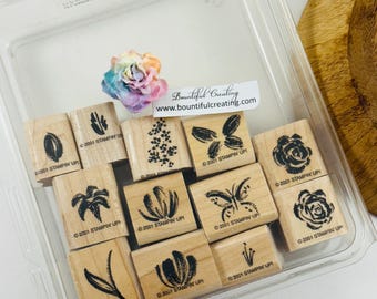 Vintage Retired Stampin Up Wood Mounted Rubber Stamp Set, Two step Stampin Watercolor Minis, set of 12, butterfly, flower, rose, leaf 0052