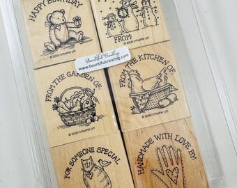 Vintage Retired Stampin Up Wood Mounted Rubber Stamp Set - Gift Tags - Stamps Supply DIY Canning Garden Birthday Handmade Christmas Kitchen