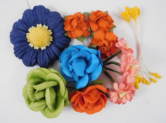 Scrapbooking Paper Flowers Stems Orange Blue Green Pink Assortment Lot 213  Scrapbook Supplies Roses Cardmaking Card Supplies Scrapbooking 