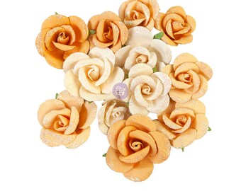 Prima Flowers Diamond Collection Rising Fire Pack 653248 Paper flowers scrapbooking roses muted orange yellow with chunky glitter, supplies