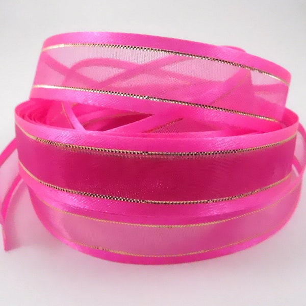 Fuchsia Sheer Ribbon with Solid Satin and Metallic Edges 5 Yards Organza 5/8 inch organdy scrapbooking cards sewing bows bouquets wreaths