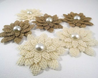 Rustic Burlap Flowers with Pearls, Brown Cream Ivory, fabric flowers crafts scrapbooking supplies floral embellishments card making wedding