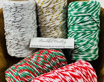 Bakers Twine Set - Holiday with Metallics White Red Green Gold Silver - 5 Spools Quality Trim, Striped Cord Christmas Supplies Embellishment