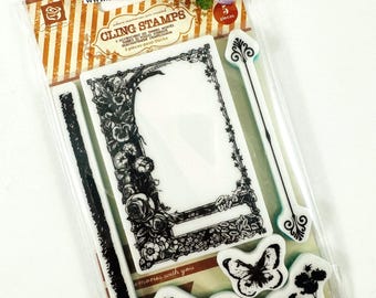Retired Prima Sun Kiss Cling Rubber Stamp Set  floral frame, butterfly, flowers, card making, scrapbooking, junk journal supplies
