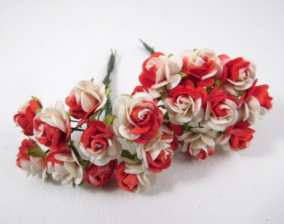 5/8 Inch Scrapbooking Paper Flowers Roses Stems White and Red Craft