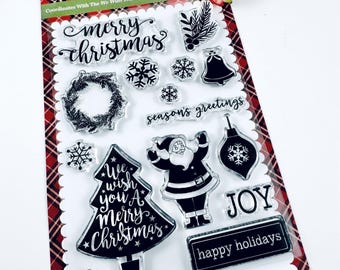 Echo Park We Wish You a Merry Christmas Stamp Set Clear Stamps Item APC135044 words tree snowflakes santa mistletoe bell ornament star joy
