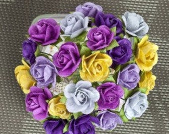 Prima Flowers Mini Sachet Pansy Paper Roses with Stems 565978 scrapbooking embellishment scrapbook home decor cards gifts purple yellow dust