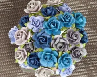 Prima Flowers Mini Sachet Surf Paper Roses with Stems 566985 scrapbooking bouquets cards wreaths home decor embellishments blue grey beige